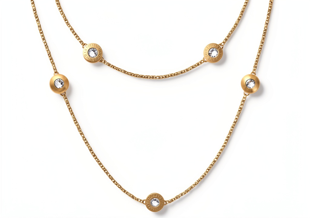 Collana elegante con cristalli Trussardi donna indossata su una scrivania di legno